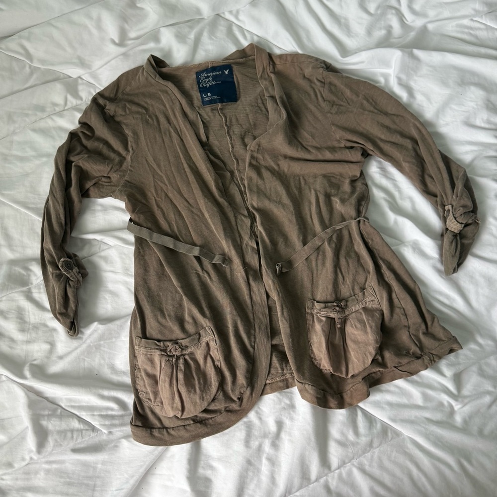 Y2K American Eagle 3/4 Sleeve Lightweight Gray Belted Open Cardigan/Jacket Large
